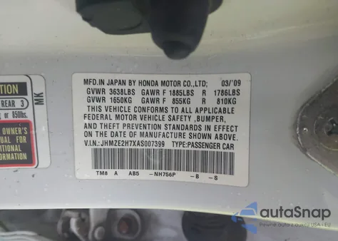 2010 Honda Insight Ex z USA, uszkodzony, nr VIN JHMZE2H7XAS007399